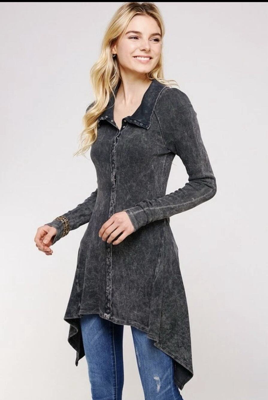 Y2k Urban X Mineral Washed Long Sleeve Thermal Tunic Outerwear Black Small